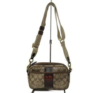 Auth COACH Signature Heritage Striped Flight Shoulder 11355 Khaki Dark Brown PVC